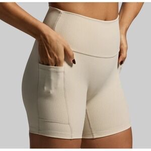 Move Theology Ribbed High Rise Biker Shorts Women XS Taupe Side Pockets Yoga Gym